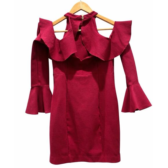 Free People Raspberry Pink Ruffle Cold Shoulder Halter Festival Mini Dress - Picture 5 of 8